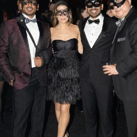 Express Black Silk Ostrich Feather Strapless Evening Gown Mini Cocktail Dress - Picture 1 of 8